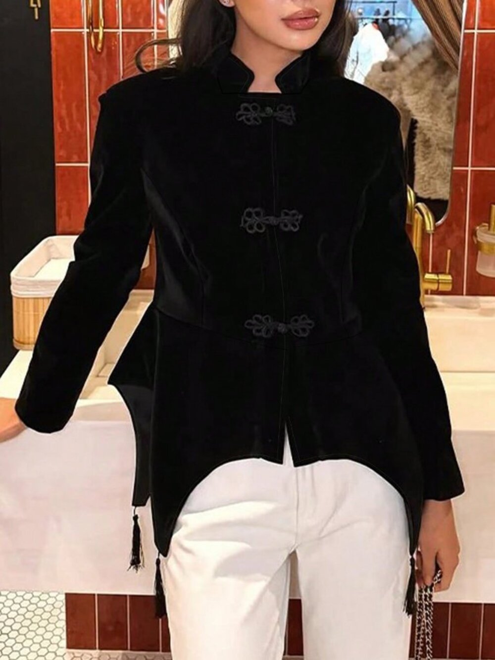 Black Elegant Women's Stand Collar Tassel Asymmetrical Regular Fit Other Jacket